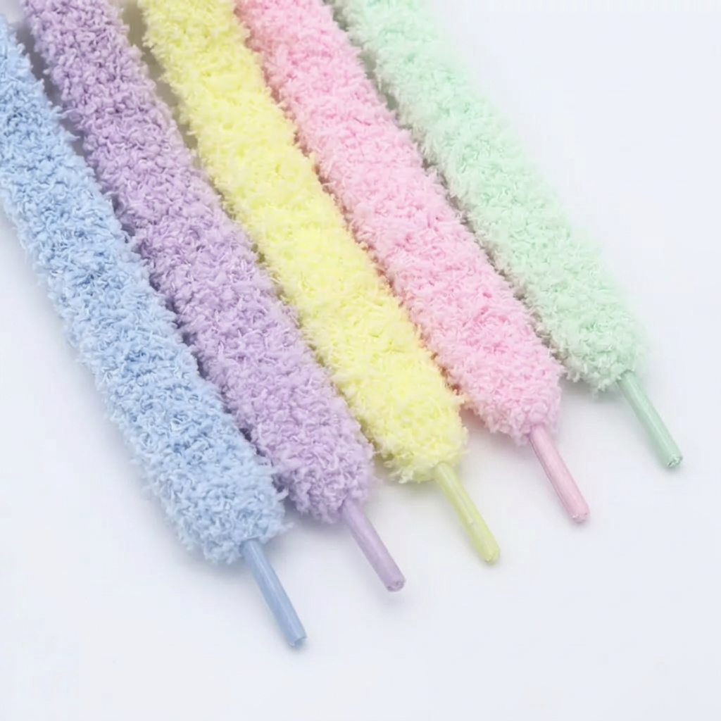 Fluffy shoelaces in different colors.
