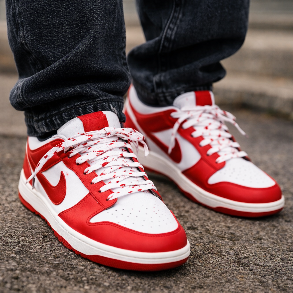 Weiße Schnürsenkel mit roten Flecken auf rot-weißen Sneakern.