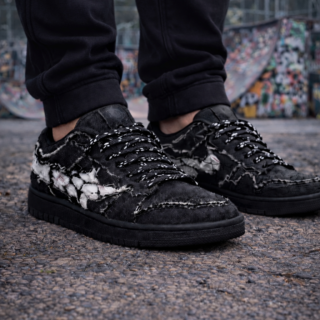 Schwarze Skater Sneaker mit schwarzen Schnürsenkeln mit weißen Flecken.