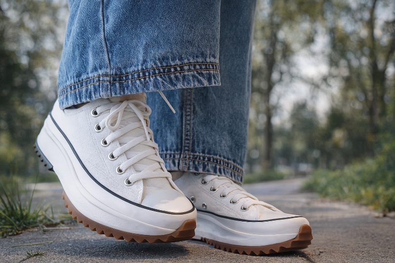 White sneakers with white laces.